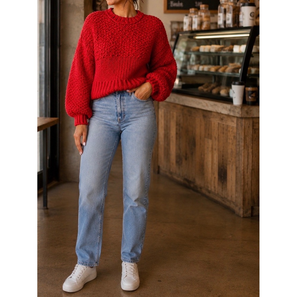 Lost + Wander Red Chunky Knit weater S/M Popcorn Ribbed Pullover